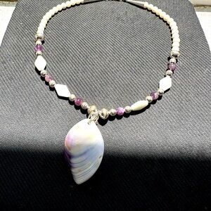 Hand Crafted “One of a Kind” White Coral/Amethyst/Sterling Silver Shell Necklace